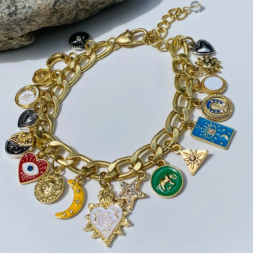 NEW Gold Charm Bracelet with Celestial Enamel Charms